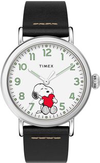 Timex x Peanuts Valentines Day Standard 40mm Leather Strap Watch Silver-Tone/Black/White large