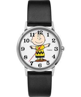 Timex x Peanuts Exclusively for Todd Snyder Featuring Charlie Brown 34mm Leather Strap Watch Stainless-Steel/Black/Gray large