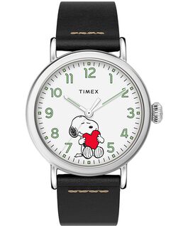 Timex x Peanuts Valentinstag Standard mit Lederarmband, 40 mm Silberfarben/schwarz/wei&szlig; large