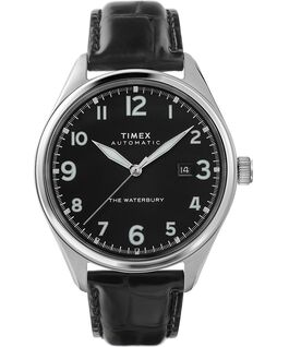 Waterbury Traditional Automatic 42mm Leather Strap Watch Stainless-Steel/Black large