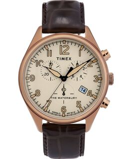 Waterbury Traditional Chronograph mit 3 Ziffernbl&auml;ttern und Lederarmband, 42&nbsp;mm Goldfarben/braun large