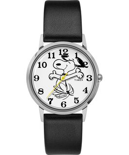 Timex x Peanuts exklusiv f&uuml;r Todd Snyder mit Snoopy-Lederarmband, 34&nbsp;mm Edelstahl/schwarz/wei&szlig; large