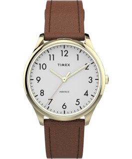 Modern Easy Reader mit Lederarmband, 32 mm Goldfarben/braun/wei&szlig; large