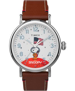Timex x Space Snoopy Standard mit Lederarmband, 40 mm Silberfarben/braun/wei&szlig; large