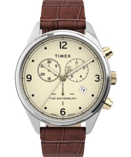 Waterbury Traditional Chronograph mit Kroko-Lederarmband, 42&nbsp;mm Edelstahl/braun/cremefarben large