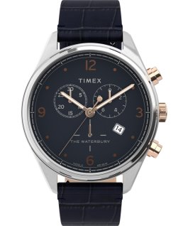 Waterbury Traditional Chronograph mit Kroko-Lederarmband, 42&nbsp;mm Edelstahl/blau large