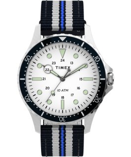 Navi XL 41 mm mit Textil-Zugarmband Edelstahl/blau/wei&szlig; large