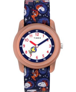 Timex x Space Snoopy Kids Analog mit elastischem Textilarmband, 28 mm Orange/Blau large
