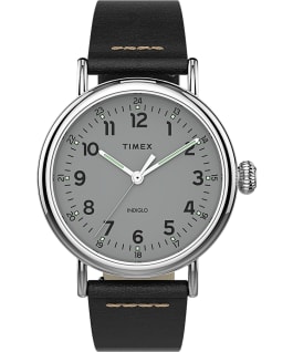 Standard 40mm Leather Strap Watch Silver-Tone/Black/Silver-Tone large