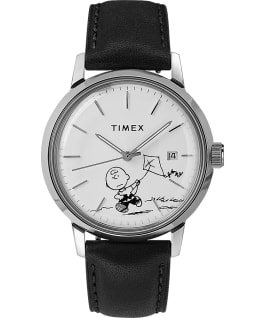Timex x Peanuts Marlin Automatic mit Charlie Brown und Lederarmband, 40 mm Edelstahl/schwarz/wei&szlig; large
