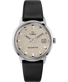 Q Timex 1978 Reissue Day-Date Round Dial 35mm Leather Strap Watch Stainless-Steel/Black/Silver-Tone large
