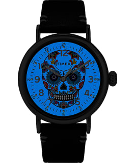 Timex Standard D&iacute;a de los Muertos 40mm Leather Strap Watch Silver-Tone/Blue/Black large