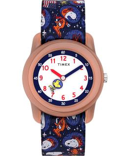 Timex x Space Snoopy Kids Analog mit elastischem Textilarmband, 28 mm Orange/Blau large